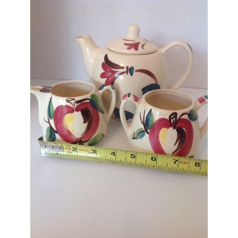 Purinton Apple Pottery slipware Tea/coffee pot with lid, Creamer& Sugar 3‎ piece